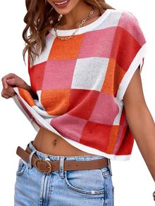 Lotta – Karierter Strick-Crop-Top mit Oversized-Kästchenmuster – Rosa Rot
