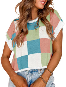 Lotta – Karierter Strick-Crop-Top mit Oversized-Kästchenmuster – Blau