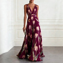 Mathilde | Damen V-Ausschnitt Maxikleid Blumenmuster – Burgunder