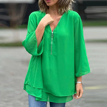 Monina - Stilvolles V-Ausschnitt Chiffon Top mit Reißverschluss – Grün