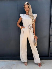 Milena | Damen Overall mit Gürtel und Flügelärmel – Beige
