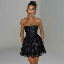 Mira – Glitzerndes, schulterfreies Tüll-Minikleid mit Schleifendetail – Schwarz