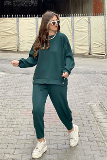 Edith - Pullover- und Hosen-Set - Metallische Seitenknöpfe – Grün