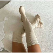 Jamaika - Oberschenkelhohe Sockenstiefel - Dehnbar Gestrickt – Beige
