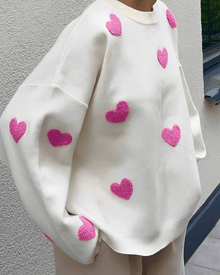 Jamie - Pullover - Bequemer Love Pullover – Weiß - Rosa Herzen