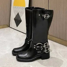 Kassandra - Kniehohe Retro-Stiefel - Gürtelschnalle Design – Schwarz kurz