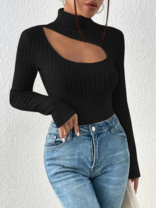 Ofelia - Gerippter Rollkragenpullover - Hohler Brustkorb Stil – Schwarz