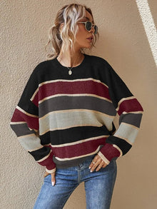 Reese - Strickpullover - Herbstfarbene Streifen – Schwarz
