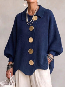 Shiryl – Langärmelige Strickjacke mit Kragen Und Knopfleiste – Blau