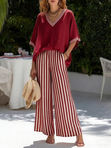Rashika - Elegantes Lässiges Set Aus Gestreiftem Leinen Und Baumwolle – Rot