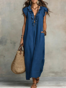 Norea | Boho-Kleid aus Leinen &amp; Baumwolle – Blau