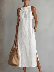 Jimena - Midi-Kleid mit stylischem Mao-Kragen – Weiß