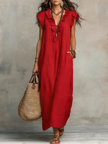 Norea | Boho-Kleid aus Leinen &amp; Baumwolle – Rot