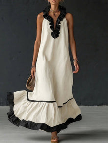 Natja - Rüschenkragen Leinen Maxikleid – Weiß