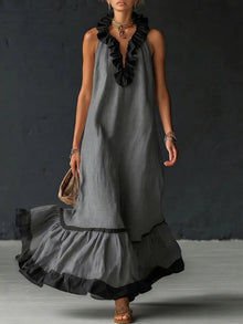 Natja - Rüschenkragen Leinen Maxikleid – Grau
