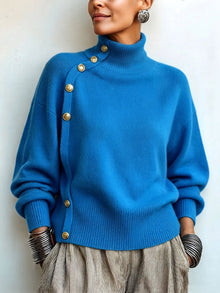 Lylian – Langarmpullover Mit Rollkragen Und Knopfleiste – Blau