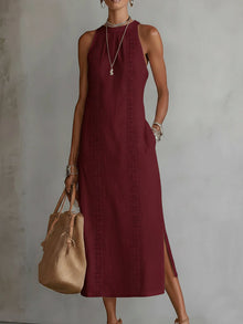 Devindi - Midi Kleid Aus Leinen Mit Stehkragen – Burgund