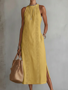 Devindi - Midi Kleid Aus Leinen Mit Stehkragen – Gelb