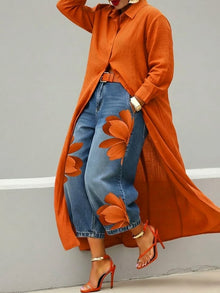 Rhona - Set aus Hemd mit Knopfleiste und bedruckter Jeans – Orange