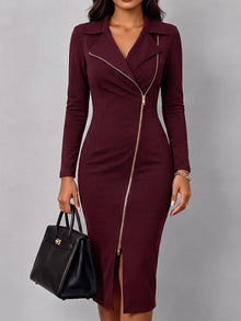 Shaniz - Lässiges Figurbetontes Langarm Kleid – Burgund