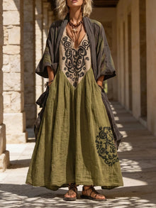 Entspanntes Bohemian Leinen-Baumwoll-Zweiteiler-Outfit – Oliven