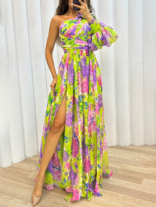 Philippa | Damen One-Shoulder Blüten Maxikleid mit Schlitz – Gelb