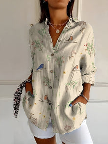 Leonie | Plus Size Bluse Florale Prints Langarm Knopfleiste – Birds