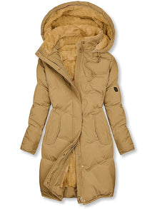 Winterjacke Damen Gefüttert Mit Kapuze | Lang Mit Reißverschluss und Knöpfen – Khaki