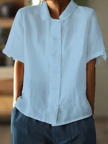 Venice | Weiße Locker sitzende Baumwoll-Leinen Bluse mit kurzen Ärmeln – Blau