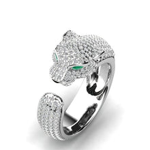 Verstellbarer Jaguar-Ring aus 18 Karat Silber und Roségold mit grünen Zirkonia-Augen – Silber