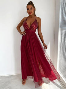 Velouxa™ – Damen Abendkleid mit Luxuriösem Mesh – Rot