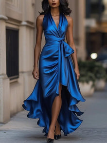 Raphaela | Damen Neckholder Wickel Abendkleid – Königsblau