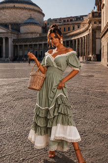 Naeun - Schulterfreies Maxikleid Mit Rüschen Und Spitzenbesatz – Grün