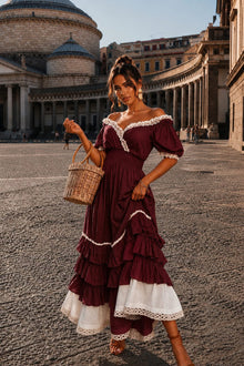 Naeun - Schulterfreies Maxikleid Mit Rüschen Und Spitzenbesatz – Burgund