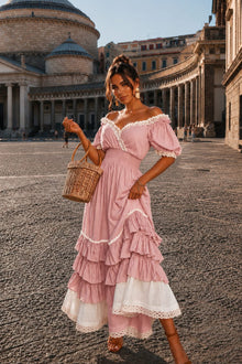 Naeun - Schulterfreies Maxikleid Mit Rüschen Und Spitzenbesatz – Rosa