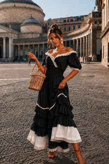 Naeun - Schulterfreies Maxikleid Mit Rüschen Und Spitzenbesatz – Schwarz