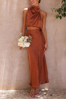 Elegantes Satin-Zweiteiler-Set – Neckholder-Top & Maxi-Rock – Rost (noch 3 Stück auf Lager)