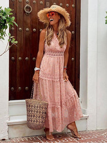 Damen Maxikleid aus Baumwolle mit Boho Chic Stil und V-Ausschnitt – Rosa