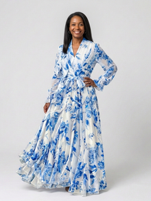 Lillian | Floral Langärmliges Wickel-Maxi-Kleid – Blau