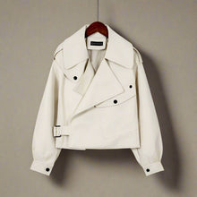 Elegante Große Geknöpfte Und Verstellbare Lederjacke Für Damen | Für jeden Tag geeignet – Weiß