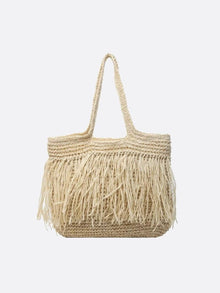Sola | Große Strohtasche mit Fransen & Reißverschluss – Schulter-Tote Bag – Beige