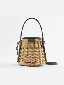 Noa | Runde Rattan-Handtasche mit Kunstledergriff & abnehmbarem Schulterriemen – Beige
