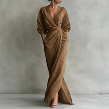 Solange | Damen V-Ausschnitt Langarm Wickelkleid – Braun