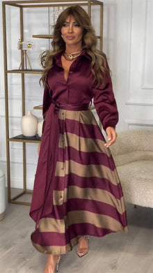 Hemdblusenkleid mit Gürtel | Streifendesign | Satin-Finish – Rot