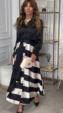 Hemdblusenkleid mit Gürtel | Streifendesign | Satin-Finish – Schwarz