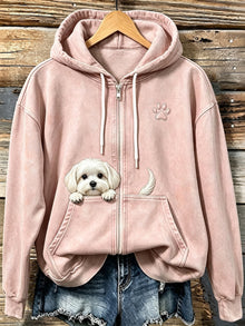 Shelezi - Kuscheliger Kapuzen Pullover Mit Reißverschluss Und Pfotenabdruck – Rosa