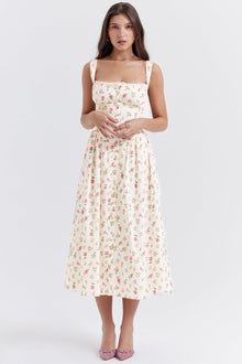 Damen-Midikleid aus Viskose mit Blumenmuster und V-Ausschnitt – Weiß