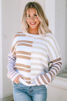Strickpullover mit Streifen | Lockerer Schnitt | Rundhalsausschnitt – Khaki
