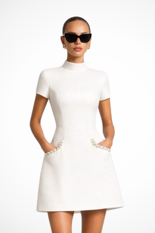 Thea | Damen Perlenbesatz Minikleid – Weiß