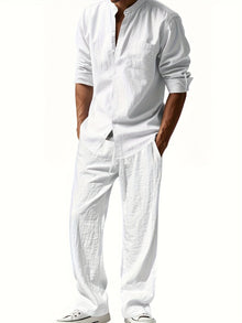 Theron | Herren Stehkragen Zweiteiler Hemd und Hose Set – Weiß